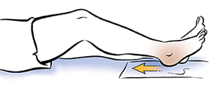 Leg from hips down showing heel slide. Arrow showing direction of heel moving toward buttocks.