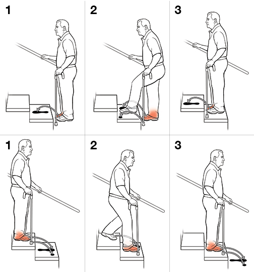 6 steps in using a cane on stairs.