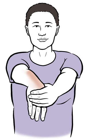 Person doing wrist flexion stretch.