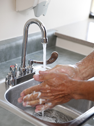 Closeup of man washing hands in sink.