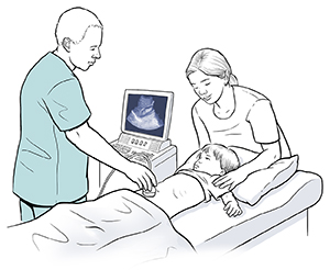 Child lying on exam table. Health care provider is holding ultrasound transducer to child's lower abdomen. Woman standing nearby.